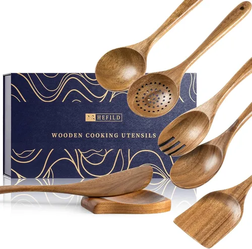 Miniatura 10 de Cucharas de madera para cocinar, juego de utensilios de cocina antiadherentes con 9 espátulas de madera de acacia y cucharas para cocinar, excelente