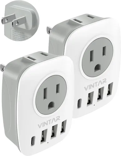 Miniatura 10 de Paquete de 2 adaptadores de enchufe de viaje europeo, VINTAR Adaptador de enchufe de alimentación internacional con 1 USB C, 2 salidas americanas