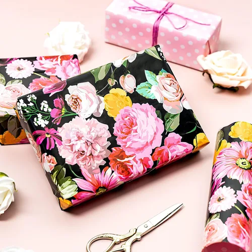 Miniatura 5 de WRAPAHOLIC Papel de regalo floral reversible, mini rollo, 17 pulgadas x 33 pies, diseño floral colorido negro para cumpleaños, día de la madre