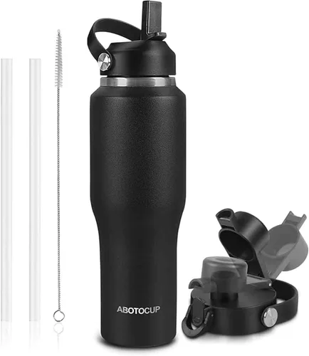 Miniatura 26 de ABOTOCUP Botella de agua de 40 onzas, botella de agua aislada con asa y tapas con popote, botella de agua de acero inoxidable que cabe en cualquier