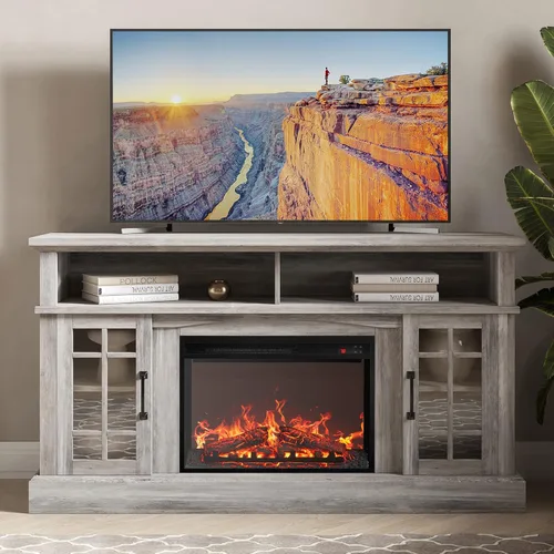 Miniatura 10 de BELLEZE Mueble TV, 48 pulgadas, con chimenea eléctrica funcional de 18 pulgadas, moderno, para TV de máx. 50 pulgadas, estantes abiertos y armarios