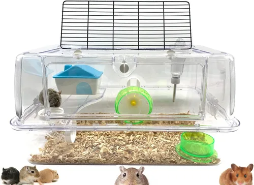 Ratón de hámster acrílico transparente de 2 niveles de lujo, con rueda grande, botella de agua, torre, tazón de comida, esconder la casa, base