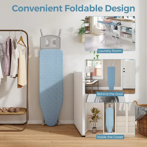 Miniatura 8 de COSTWAY Tabla de planchar de tamaño completo, soporte de hierro plegable de 57 x 15 pulgadas con altura ajustable de 7 niveles, cubierta de Azul