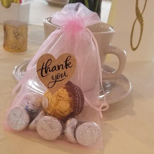 Miniatura 2 de Bolsa de regalo de organza de 5 x 7 pulgadas con cordón para joyas, dulces, juego de 50 bolsitas rosas, bolsas transparentes reutilizables de malla