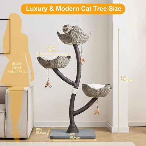 Miniatura 2 de Torre de árbol gris moderno de 52 pulgadas de alto para gatos grandes, postes rascadores para gatos con cestas tejidas a mano Condominio de lujo