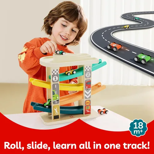 Miniatura 2 de TOP Bright Juguetes de rampa de madera para niños pequeños de 1 a 2 años de edad, habilidades motoras, pistas de carreras, rampa de automóvil