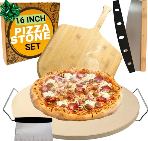 Piedra de pizza grande para horno de 16 pulgadas, piedra redonda para pizza para parrilla con asas, juego de pala y cortador de pizza de madera,