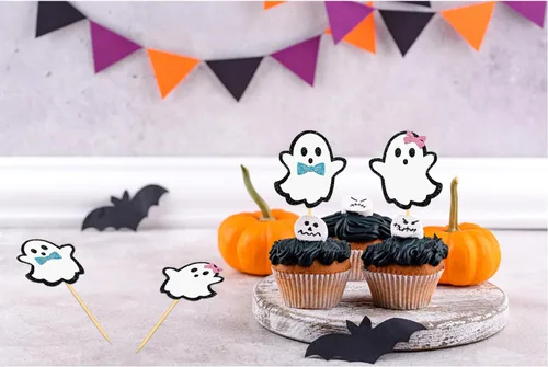 Miniatura 3 de 24 piezas de adornos de Halloween para cupcakes fantasmas, palillos de revelación de género para niños y niñas, adornos para tartas rosas y azules