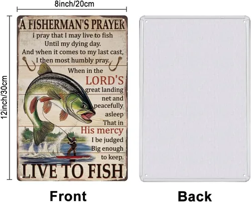 Miniatura 2 de SUPERDANT Letreros de lata de pesca vintage con texto en inglés «Live to Fish» de metal «A Fisherman's Signs», cartel divertido para pared, arte