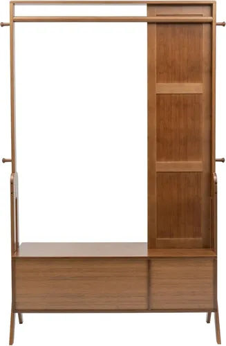 Miniatura 4 de Perchero de bambú con espejo y cajones, colgador de ropa de madera independiente con ganchos, perchero resistente con estantes, organizador