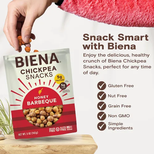 Miniatura 6 de Biena Bocadillos crujientes de garbanzos tostados, barbacoa, alto en proteínas, alto en fibra, sin gluten, a base de plantas, sin OMG, aperitivos