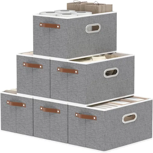 Miniatura 21 de Yawinhe Cestas de almacenamiento de tela, organizador plegable de armario para estantes, cajas grandes con 3 asas, contenedores de lona para ropa