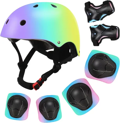 Miniatura 11 de Casco de bicicleta ajustable con gradiente de color para niños con set de rodilleras y coderas Equipo de seguridad multideporte para niños y niñas