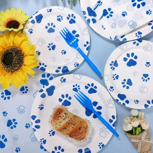 Miniatura 4 de durony 72 piezas de suministros de fiesta de cumpleaños con estampado de patas de perro, incluyen 32 platos, 24 servilletas y 16 tenedores, huellas