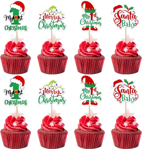 Miniatura 29 de Paquete de 24 Adornos para Cupcakes de Feliz Navidad, Adornos para Cupcakes para Revelación de Género, Adornos para Cupcakes de Árbol de Navidad, 5