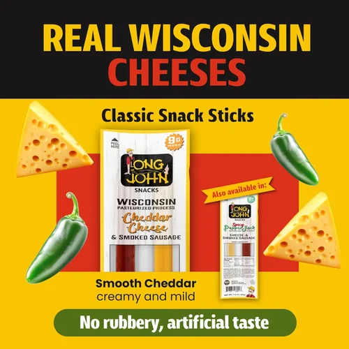 Miniatura 4 de Long John Snacks Palitos de carne y queso, salchicha ahumada original y palito de queso cheddar real de Wisconsin, aperitivos altos en proteínas