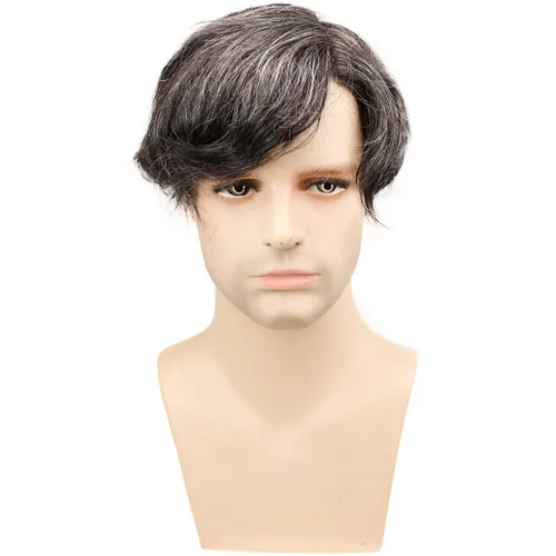 Miniatura 2 de Voloria Swiss Full Lace Hombres Toupee 1B Color Negro Cabello Humano Real Mezclado 20% Gris Pelo Sintético Reemplazo para Hombres Hairpiece