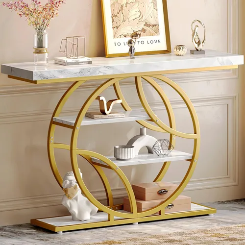 Miniatura 11 de Huuger Mesa de entrada de 41.3 pulgadas con parte superior de mármol, moderna mesa de sofá consola con estantes, para entrada, pasillo, entrada