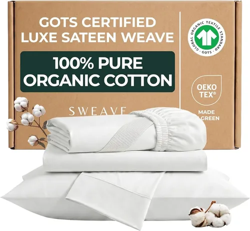 Miniatura 9 de Sábanas de algodón orgánico certificado GOTS 100% de tamaño completo - Lujoso hilo de 415 hilos, certificado Oeko-Tex, tejido de sátin sedoso