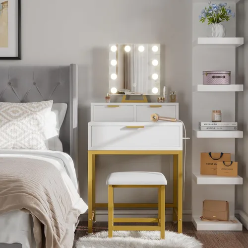 Miniatura 2 de BOLUO Tocador Dorado de Maquillaje con Espejo de Hollywood y Luces, Juego de Tocador para Niñas con Taburete, Mesa de Maquillaje Compacta