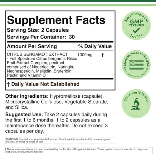 Miniatura 2 de Suplemento de Bergamota Cítrico, 1000mg, 60 Cápsulas - Apoya niveles saludables de colesterol y triglicéridos - Dosis de 1,000mg