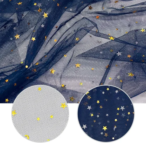Miniatura 5 de Rollos de tela de tul azul claro con purpurina de 59 pulgadas x 3 yardas, estrella dorada y lentejuelas de tul para faldas tutú, costura, decoración
