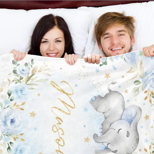 Miniatura 5 de Manta personalizada con elefante con nombre para niño, manta con nombre personalizada para niños, manta suave de franela azul con elefante