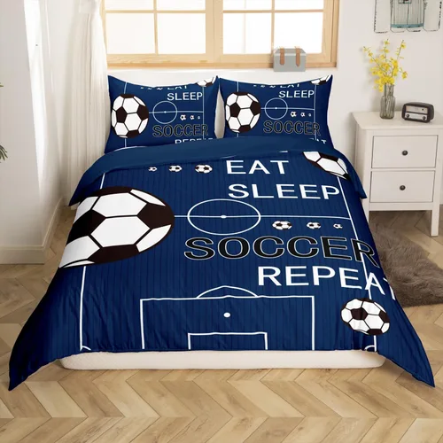 Miniatura 2 de jejeloiu Juego de ropa de cama de fútbol para niños, tamaño individual, juego de funda de edredón de fútbol para niños y niñas, funda de edredón