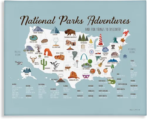 Stupell Industries "National Parks Adventures USA Map", arte en lienzo, 20 x 16 pulgadas, fácil de colgar y resistente, fabricado en Estados Unidos,