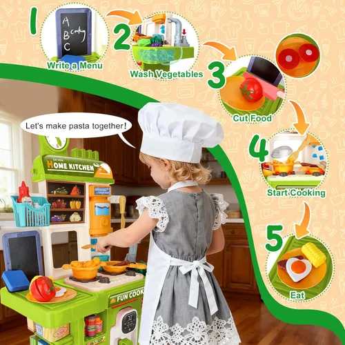 Miniatura 3 de Juego de cocina de juguete mejorado para niños y niñas, juego de mini cocina con fregadero con rociador y iluminación realista, juguetes de cocina