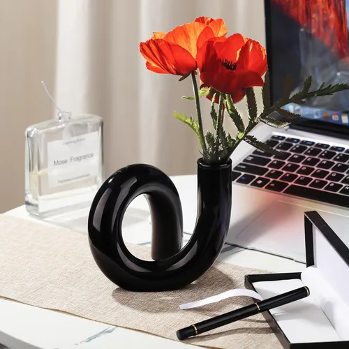 Miniatura 2 de Joeyan Jarrón pequeño de cristal negro hecho a mano, florero decorativo geométrico de cristal para centros de mesa modernos del hogar, sala