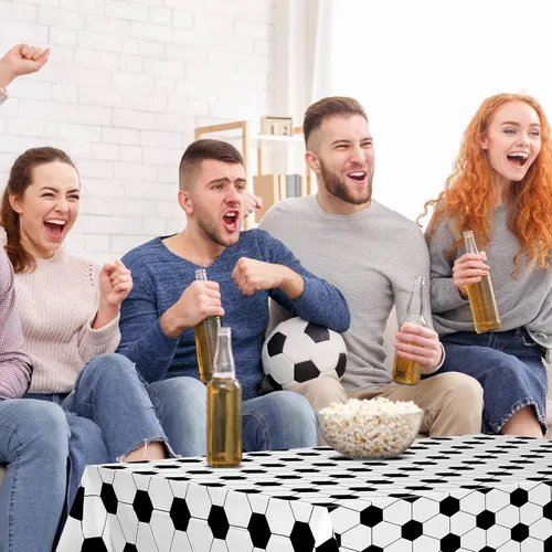 Miniatura 5 de Mixweer 2 manteles de fútbol para decoración de fiesta de cumpleaños de fútbol de 54 x 108 pulgadas, cubierta de mesa de plástico para deportes