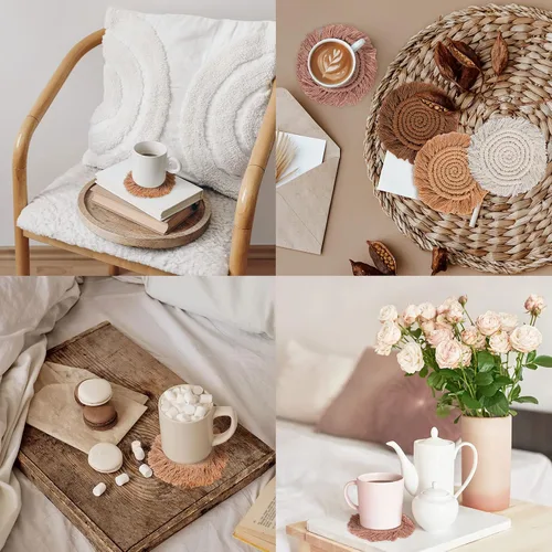 Miniatura 7 de Whaline Juego de 4 posavasos de macramé bohemios tejidos hechos a mano para bebidas, tapete bohemio con borla para tipos de tazas y tazas, café