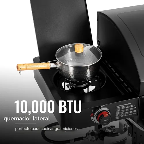 Miniatura 6 de Parrilla de gas y carbón combinada de 2 quemadores con ahumador lateral y quemador lateral, parrilla de combustible dual de 34.000 BTU, área