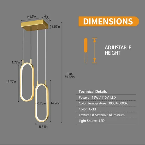 Miniatura 4 de Lámpara colgante de cocina moderna con 2 anillos, lámpara colgante ovalada para cocina, isla, dormitorio, sala de estar, comedor