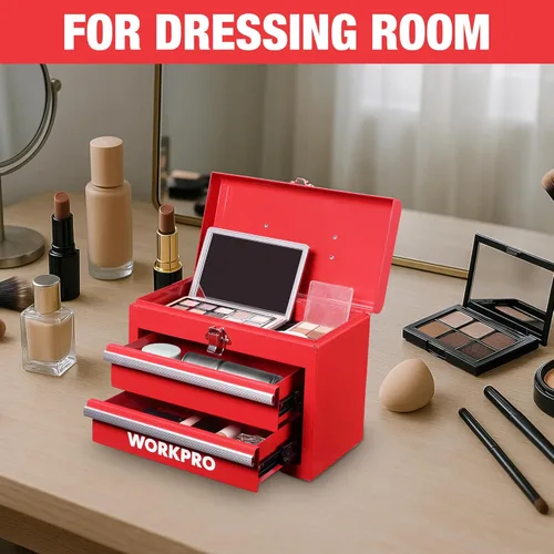 Miniatura 7 de WORKPRO Caja de herramientas portátil mini, caja de herramientas metálica con 2 cajones y rodamientos de bolas, almacenamiento superior con cierre