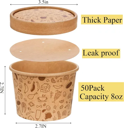 Miniatura 2 de Cedilis Paquete de 50 recipientes de papel con tapas, recipiente de sopa de papel para llevar, vaso desechable de estraza para sopa fría o caliente