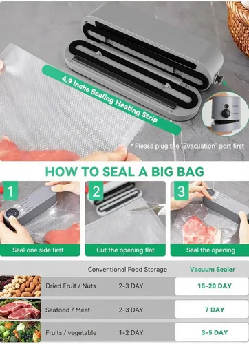 Miniatura 6 de Mini sellador al vacío, 3 en 1, sellador al vacío de mano inalámbrico para almacenamiento de alimentos secos/húmedos con 4 bolsas de aperitivos, Gris