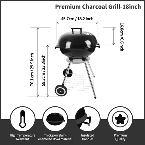 Miniatura 2 de Parrilla de carbón de 18 pulgadas, parrilla de barbacoa con tapa esmaltada y colector de cenizas, parrilla de carbón portátil para parrilla al aire