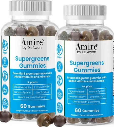 Amire by Dr. Awan Super Greens Gomitas, suplemento de frutas y verduras, superalimento verde para la inmunidad, metabolismo, función hepática y