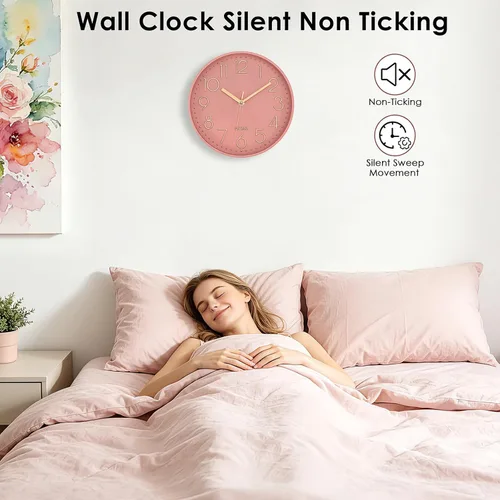 Miniatura 2 de Lumuasky Reloj de pared rosa, moderno, funciona con pilas, analógico, pequeño, lindo, silencioso, sin tictac, reloj decorativo para escuela