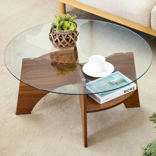 Miniatura 10 de LKTART Mesa auxiliar de vidrio, mesas auxiliares redondas de 23.5 pulgadas con superficie de vidrio templado cruzado y base de madera maciza, mesita