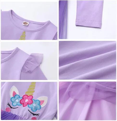 Miniatura 6 de Vestido de fiesta de cumpleaños de princesa de manga larga con estampado de unicornio, reno y arco iris, ropa de invierno y otoño
