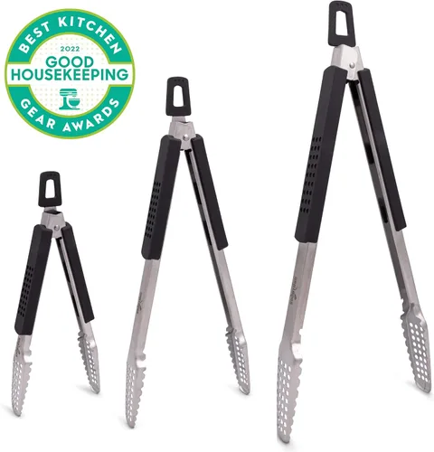 Miniatura 2 de Pinzas para barbacoa de acero inoxidable 18/0 de 9 pulgadas con mango ergonómico de madera de roble real para cocinar, accesorio duradero