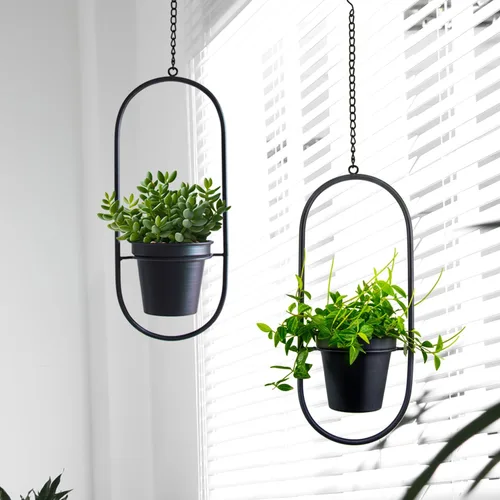 Miniatura 6 de Macetas colgantes modernas para plantas de interior, colgador de plantas de metal con macetas de 5 pulgadas, juego de 2 soportes negros ovalados
