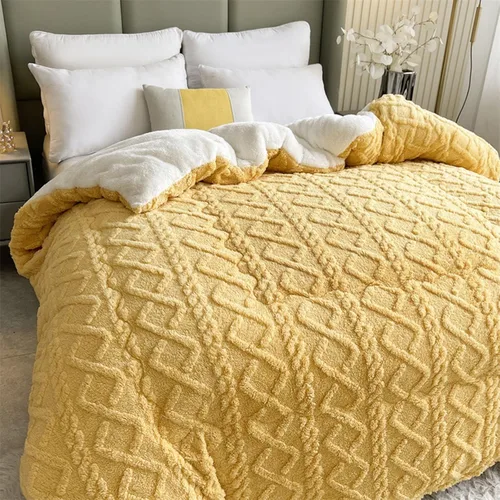 Miniatura 10 de Edredón de felpa de cordero grueso de doble capa, edredón cálido para invierno, edredón jacquard a cuadros de hibisco, manta de cama gruesa