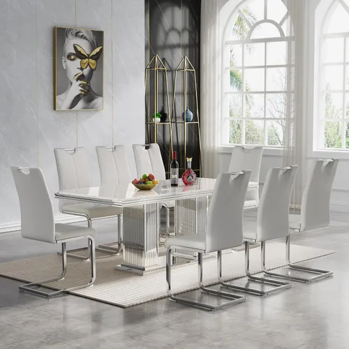 Miniatura 56 de Juego de mesa de comedor de 5 piezas, moderno juego de mesa de comedor para 4, 70 pulgadas, juego de mesa de comedor de mármol sintético blanco