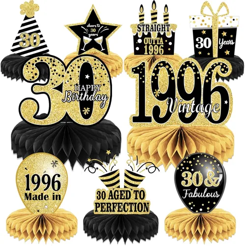 9 piezas de decoración de cumpleaños número 30 para centros de mesa de cumpleaños 30 para decoración de mesas, decoración vintage de panal de abeja