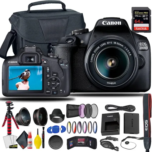 Canon Cámara DSLR EOS 2000D/Rebel T7 con lente de 0.709-2.165 in + tarjeta Sandisk Extreme Pro de 64 GB + filtros creativos + bolsa de cámara EOS +
