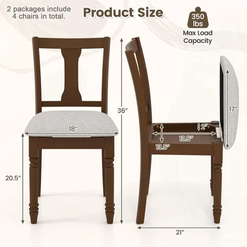 Miniatura 3 de Giantex Juego de 4 sillas de comedor de madera, sillas de comedor de granja con asiento de cojín, sillas auxiliares de comedor de madera sin brazos